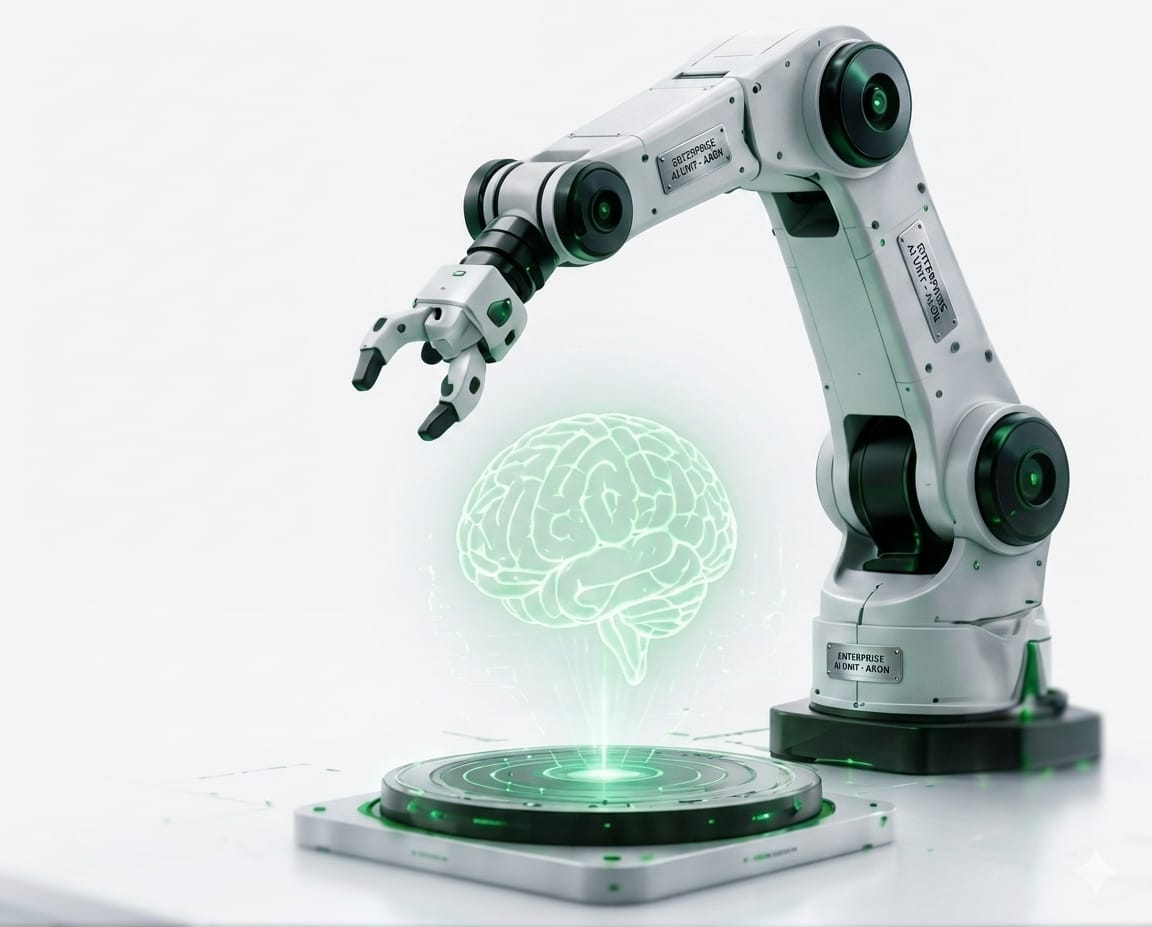 Robotic arm interacting with AI brain hologram